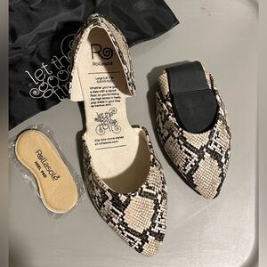 Snake-Print Foldable Pointed Flats in Beige and Black